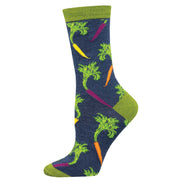 An image of green and navy socks with a carrot design.