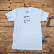 Blue t-shirt with the words of sandwich ingredients on the back.