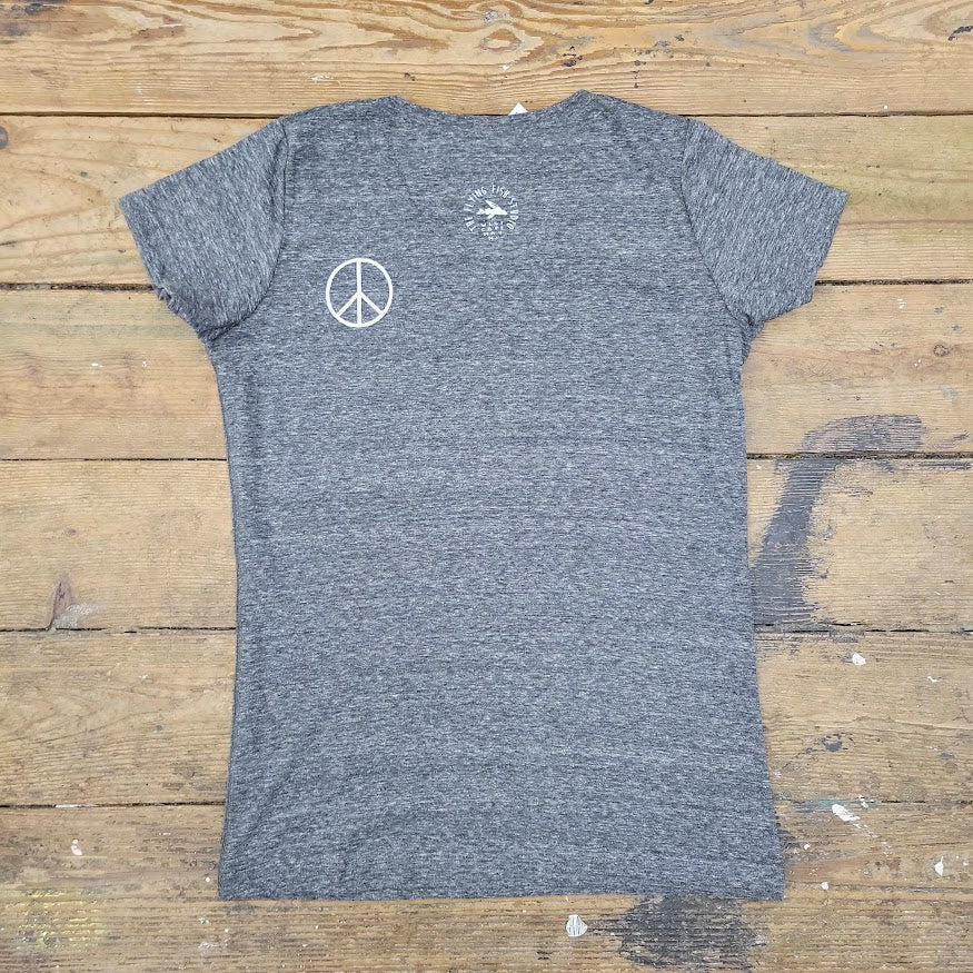 Grey heather shirt with a peace sign on the left back shoulder.