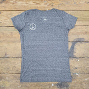 Grey heather shirt with a peace sign on the left back shoulder.
