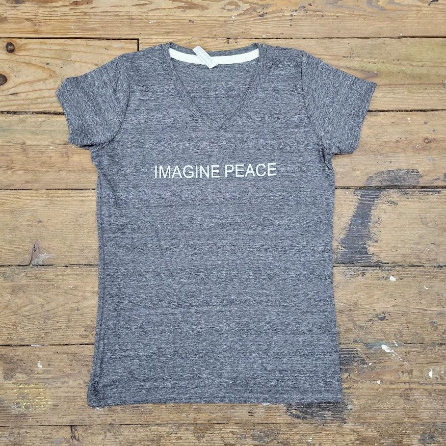 Grey v-neck with an "Imagine Peace" slogan on the front.