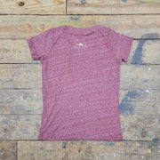 Back of heathered, burgundy v-neck with Flying Fish logo on the back neck.