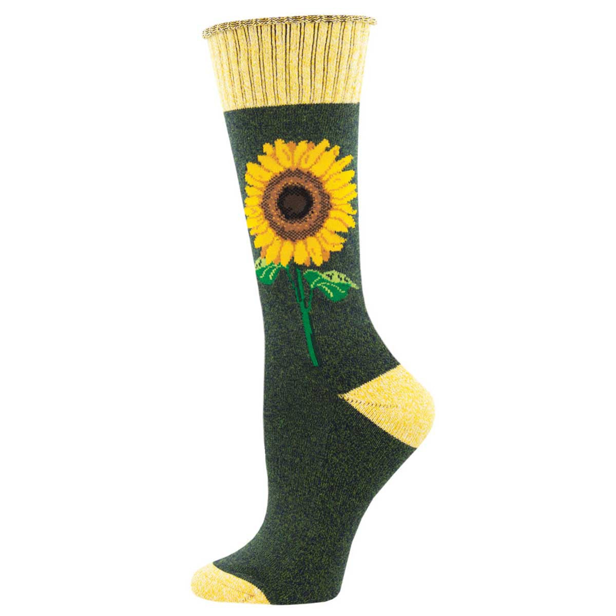A pair of crew socks with a sunflower design on the front.