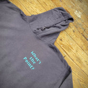 A close up of a navy sweatshirt with the words, 'What's the point?" on the left chest.