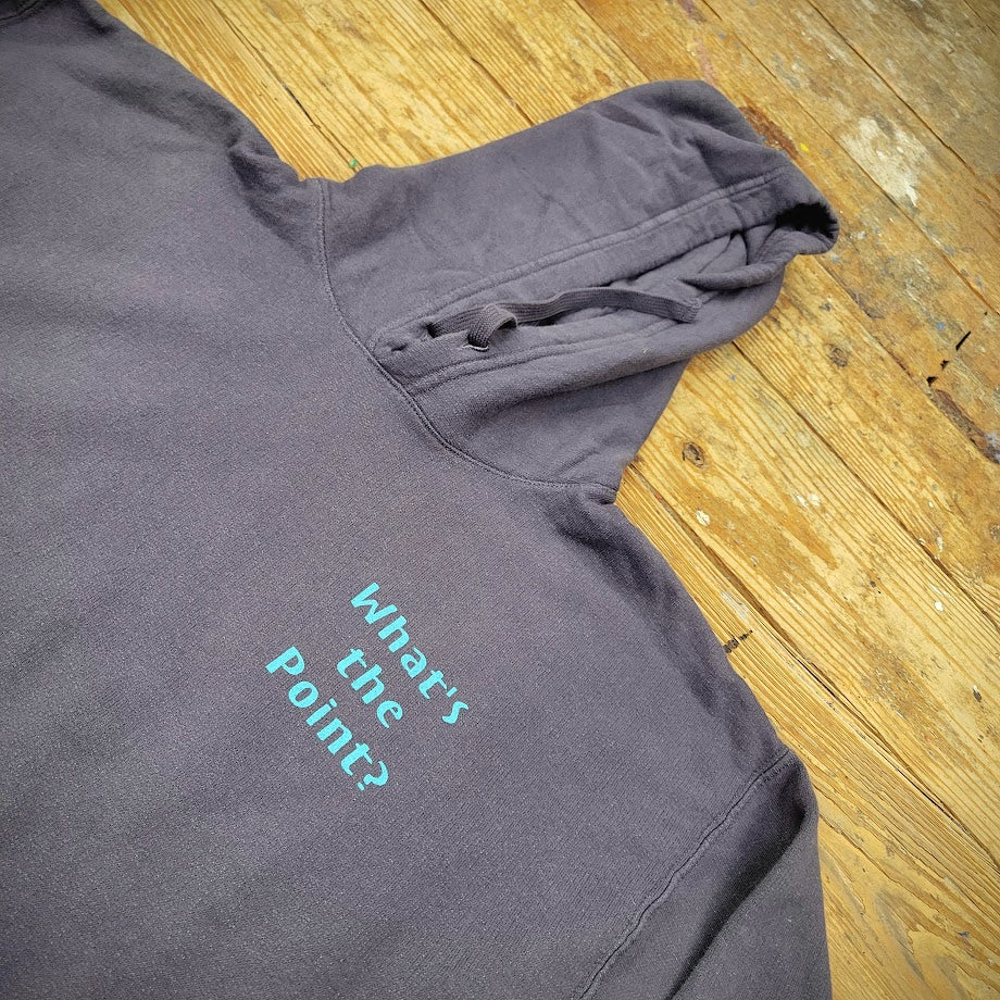 A close up of a navy sweatshirt with the words, 'What's the point?" on the left chest.