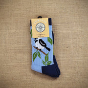 A pair of blue and navy wool socks with a bird design.
