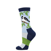 A pair of blue & navy socks with a bird design.