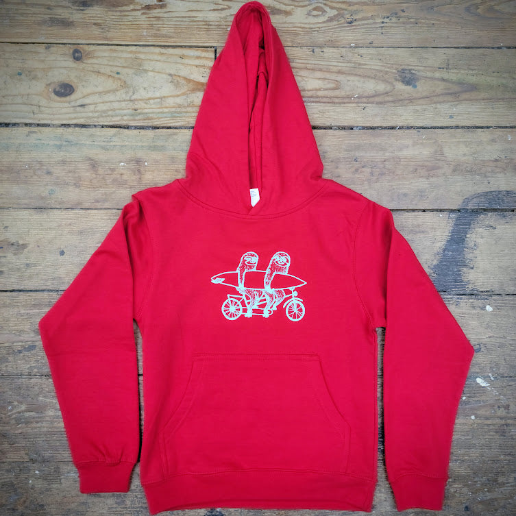 Red youth hoodie with sloths on a tandem on the front.