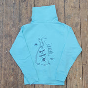 Aqua Blue zip-up jacket featuring the 'Beaches of Cape May' design on the center back in navy ink.