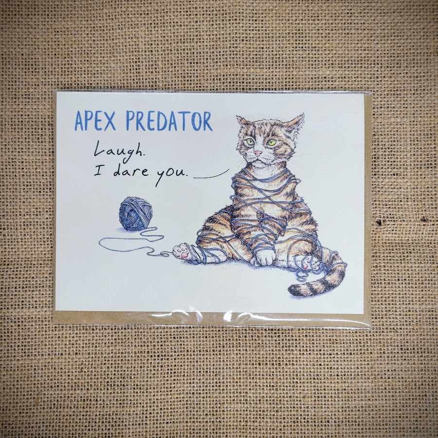 Personal notecard with 'Apex Predator Cat' design on the front.