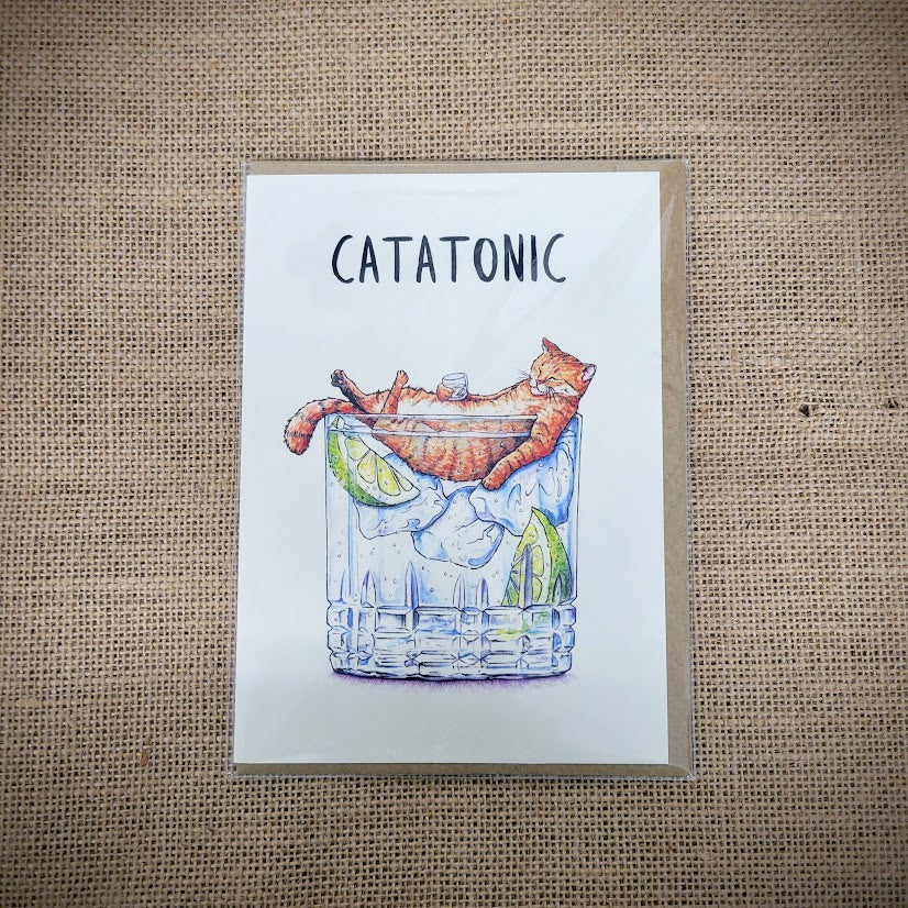 Personal notecard with a 'Catatonic' cat design on the front.