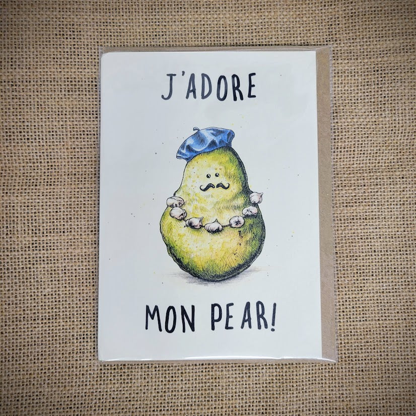 Personal notecard with 'J'Adore Mon Pear' design on the front.