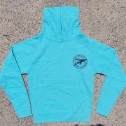 Aqua Blue, pull-over hoodie featuring the 'Flying Fish' logo on the left chest in navy ink.