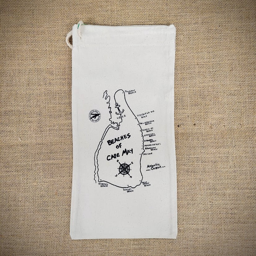 Natural, canvas wine bag that features a map of the Cape May beaches in black ink.