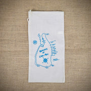 Natural, canvas wine bag that features the beaches of Cape May in light blue ink.