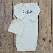 Cream layette featuring a 'Go Fish! Cape May' design on the front in black ink.