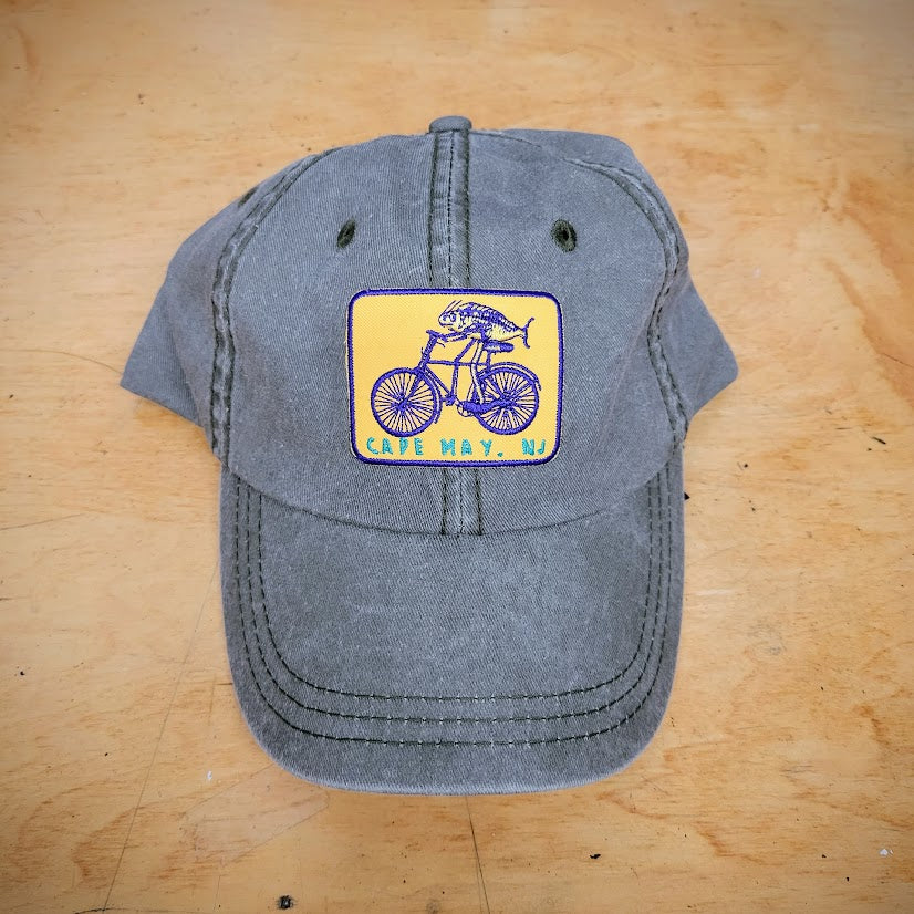 Grey, classic dad hat featuring 'Fish on a Bike' patch on the front.