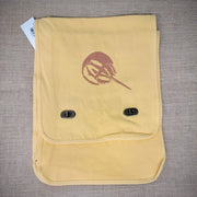 Yellow, canvas bag with brown horseshoe crab design in the front.