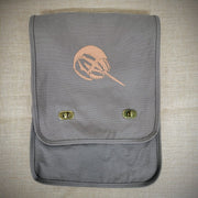 Grey, canvas bag with a brown horseshoe crab on the front.