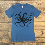 A dark blue t-shirt featuring the 'Octopus' design in black ink.