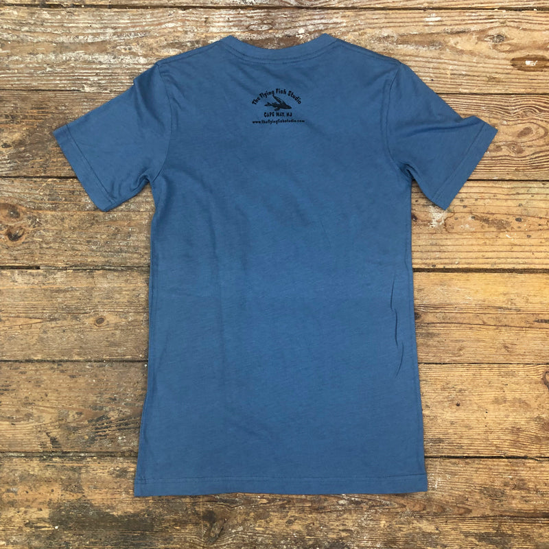 A dark blue t-shirt featuring the 'Flying Fish Studio' logo on the back neck.