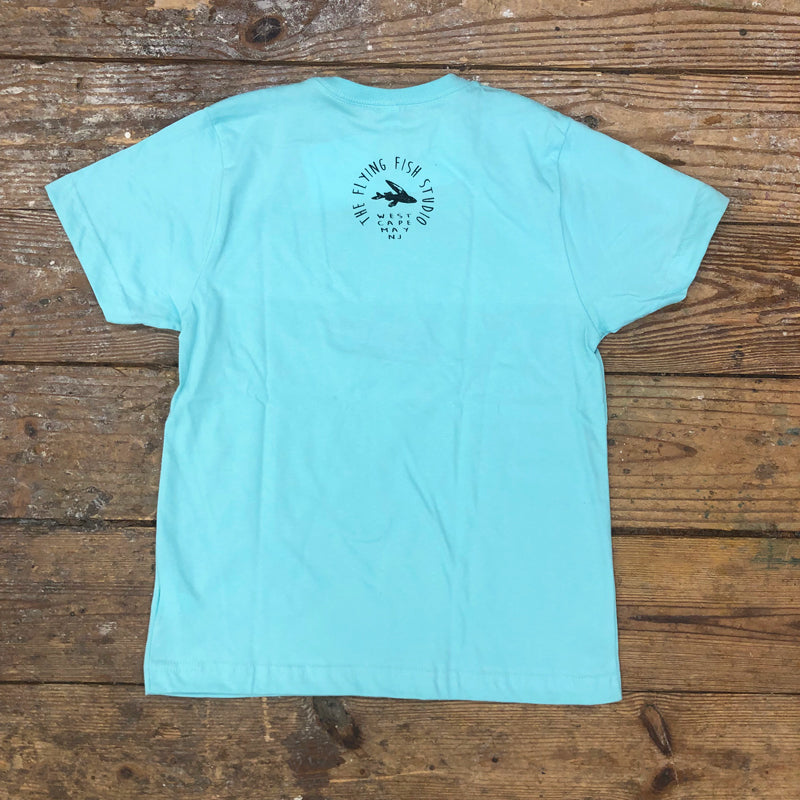 An aqua blue t-shirt featuring the 'Flying Fish Studio' logo on the back neck in black ink.