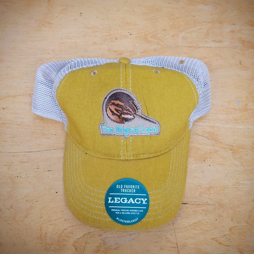 Yellow trucker hat with an 'Original Local, Horseshoe Crab' patch on the front.
