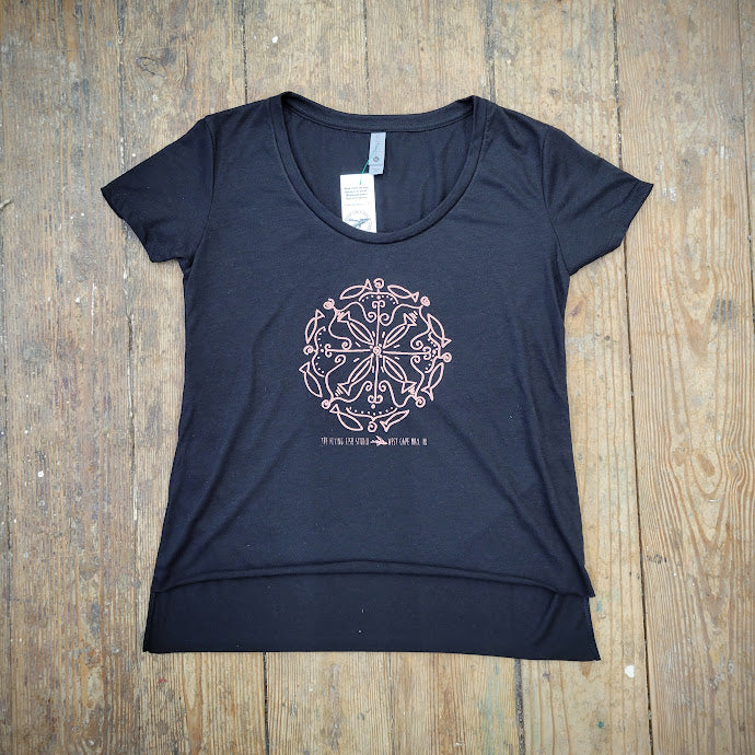 A solid black t-shirt featuring the 'Round Fish Doodle' design on the front chest in pink ink.