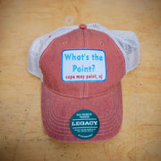 An orange and khaki, trucker hat with a 'What's the Point?' patch on the front.