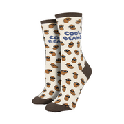 A pair of ivory socks with a "cool beans" design.