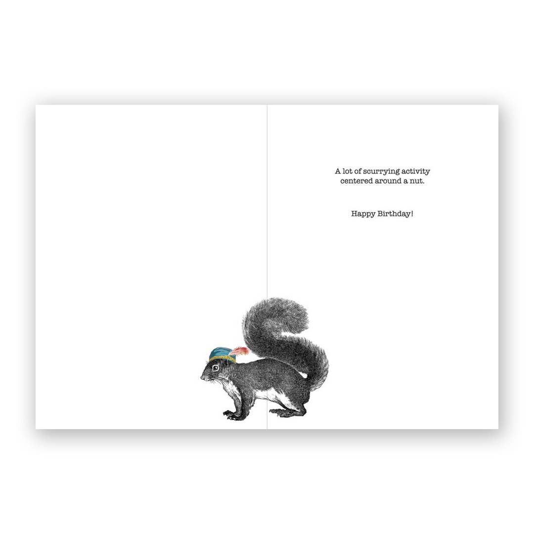 Imagine of an open birthday card that has an illustration of a squirrel wearing a hat and text that reads, "A lot of scurrying activity centered around a nut. Happy Birthday!"