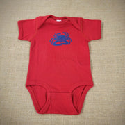 A red baby onesie with a graphic of a blue crab.