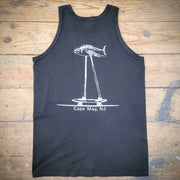 Black tank top with a design of a fish riding on a skateboard on the back in silver ink, laid flat on a wooden surface.