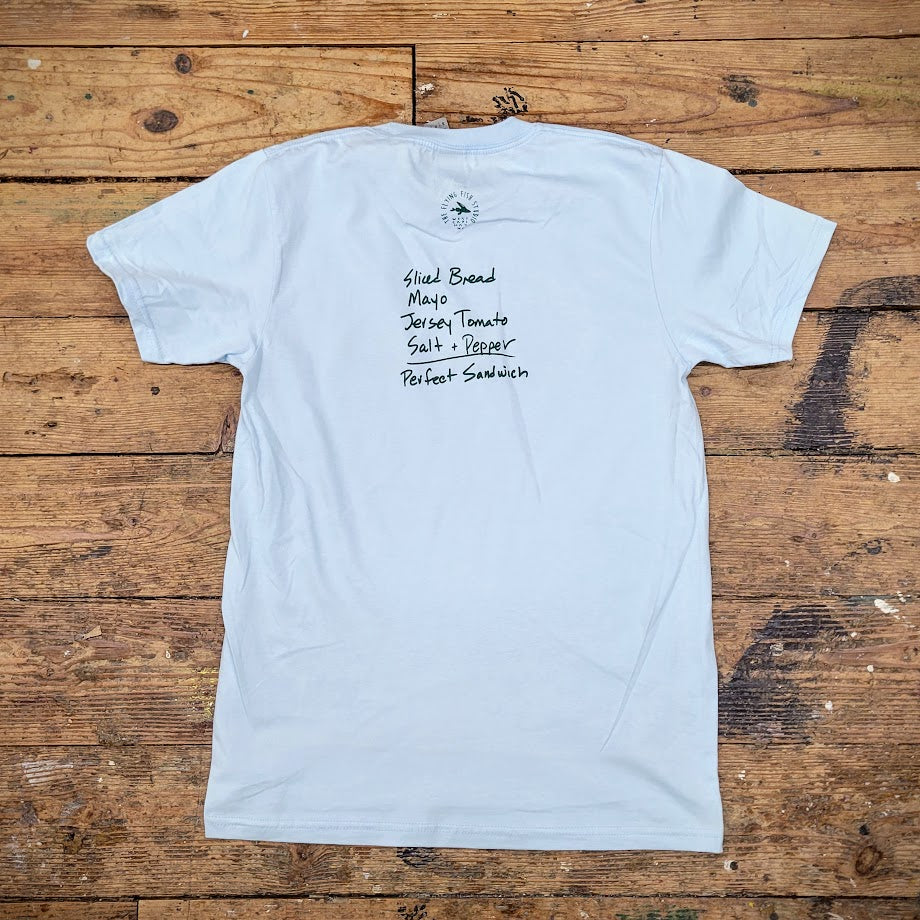 Blue t-shirt with the words of sandwich ingredients on the back.