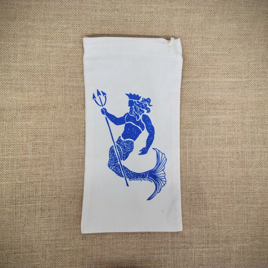 Natural, canvas wine bag with King Neptune screen-printed on the front in royal blue ink.