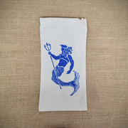 Natural, canvas wine bag with King Neptune screen-printed on the front in royal blue ink.