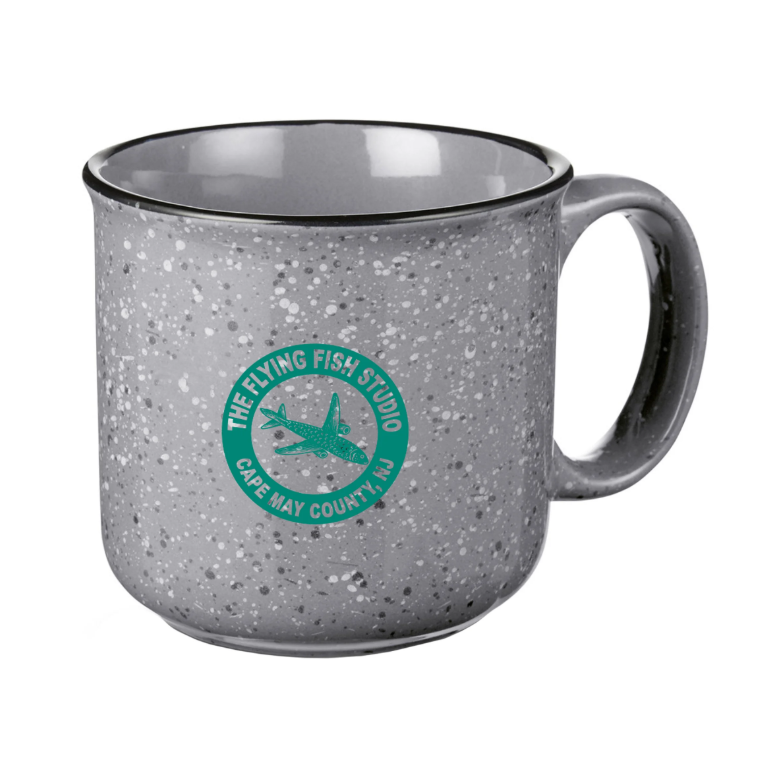 Gray speckled mug with a green logo on a white background.