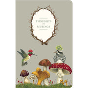 Notebook cover with birds, mushrooms, and a wreath on a beige background.