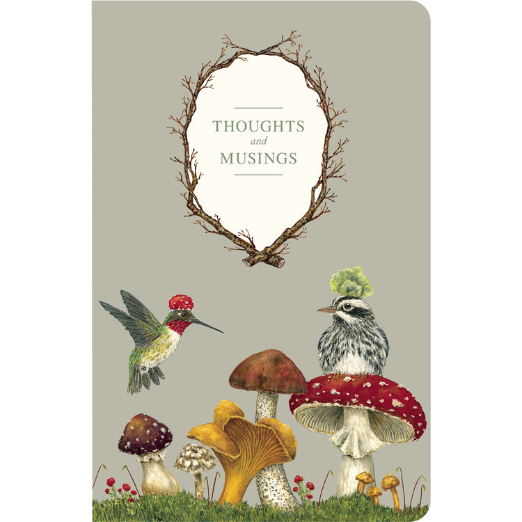 Notebook cover with birds, mushrooms, and a wreath on a beige background.