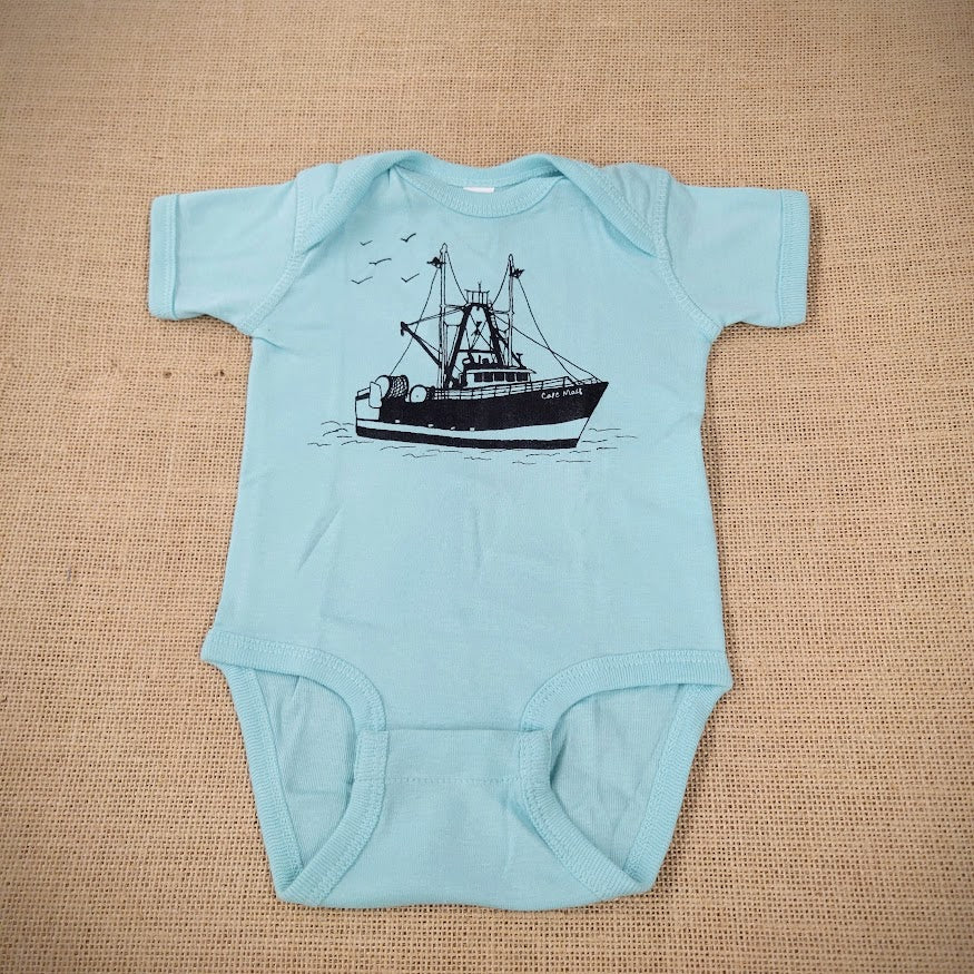 An aqua baby onesie with a graphic of a scallop boat.