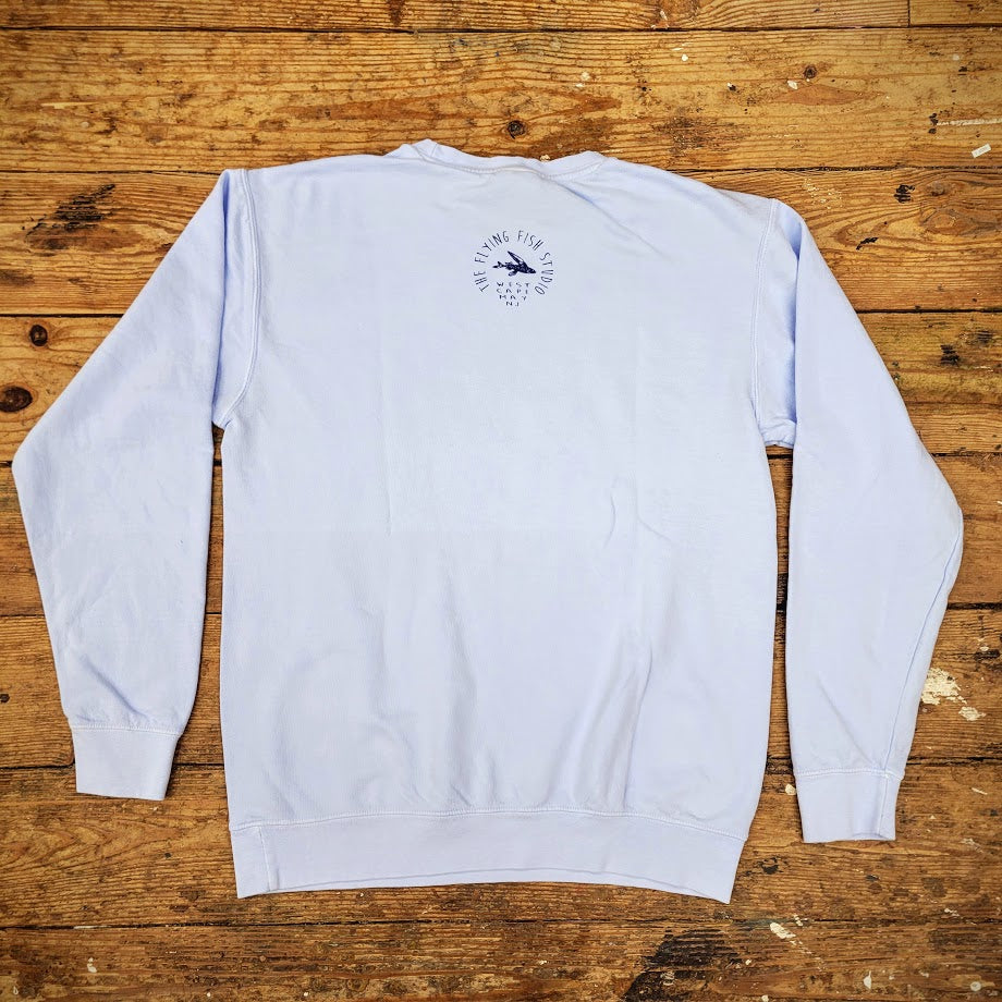 A blue crewneck sweatshirt with the "Flying Fish Studio" logo on the back neck.