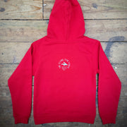 Red, youth hoodie with 'Flying Fish' logo on back neck.
