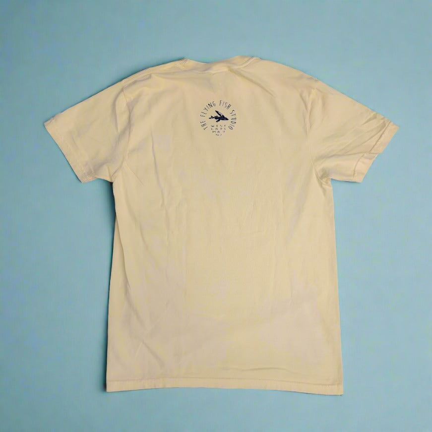 A yellow t-shirt with the "Flying Fish Logo' on the back neck.