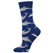 A pair of navy socks with dolphins on them.