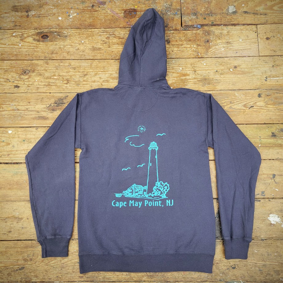 A navy sweatshirt with a graphic of a light house with the words, "Cape May Point, NJ" on the back.