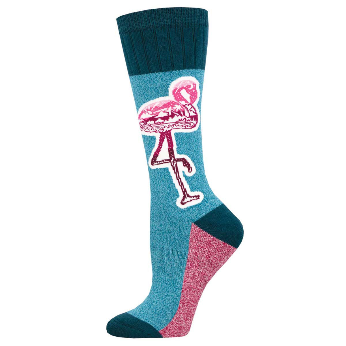 A pair of blue socks with pink flamingos on them.