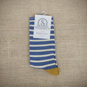 A pair of blue & beige stripe socks.