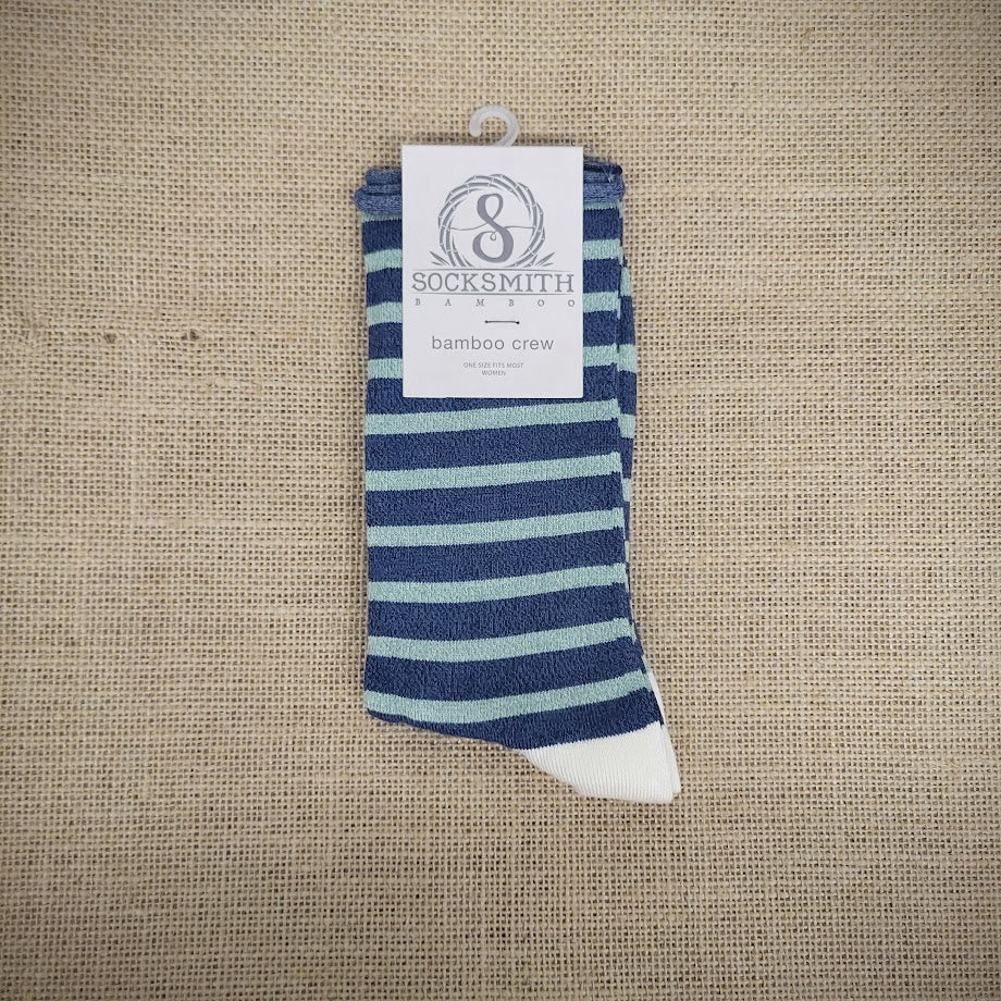 A pair of navy & mint stripe socks.