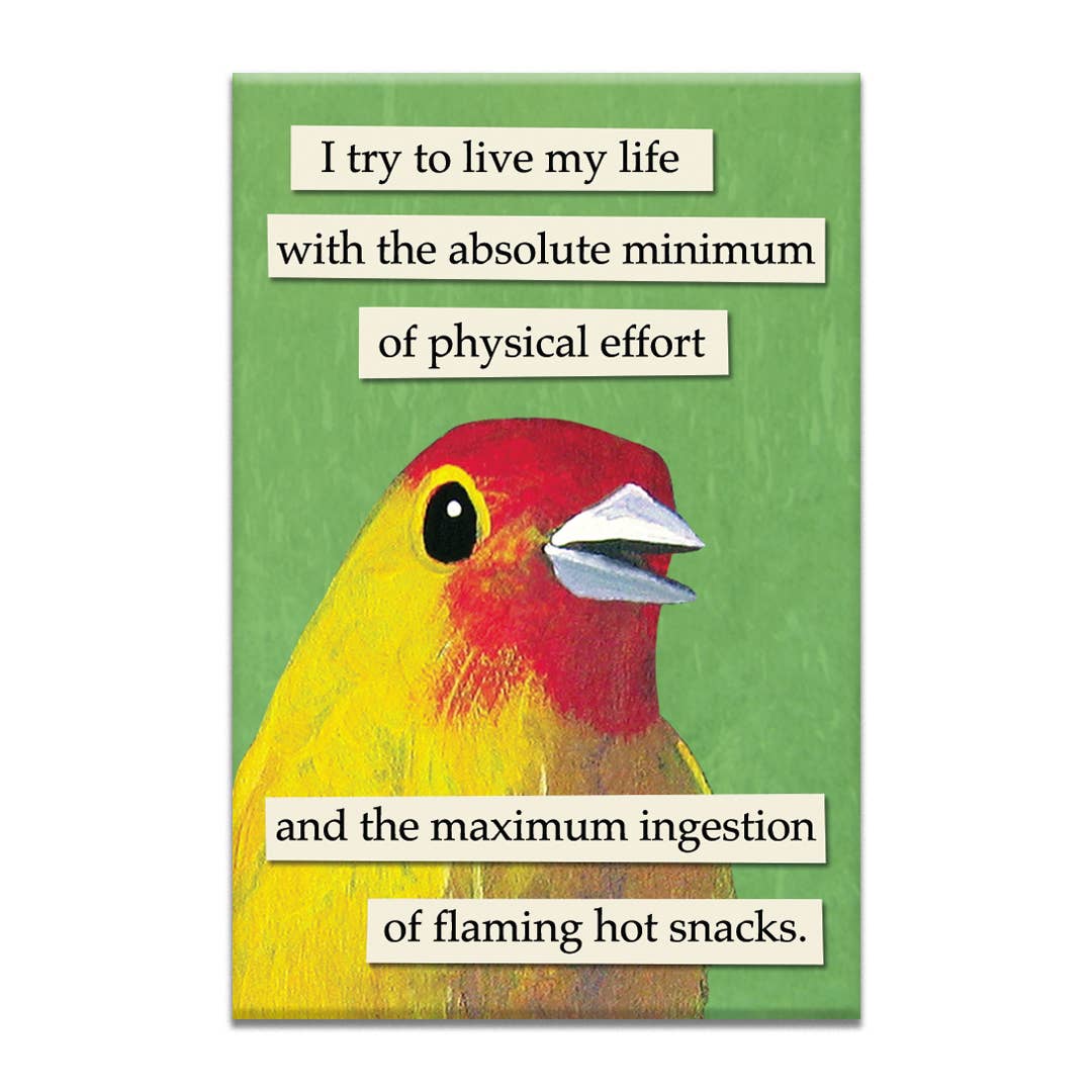 A refrigerator magnet with a yellow bird on a green background. Text also appears that says, "I try to live my life with the absolute minimum of physical effort and the maximum ingestion of flaming hots snacks."