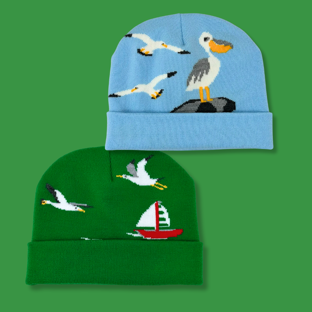 Seaside Birds - Seagulls & Pelican Knit Beanie Hat